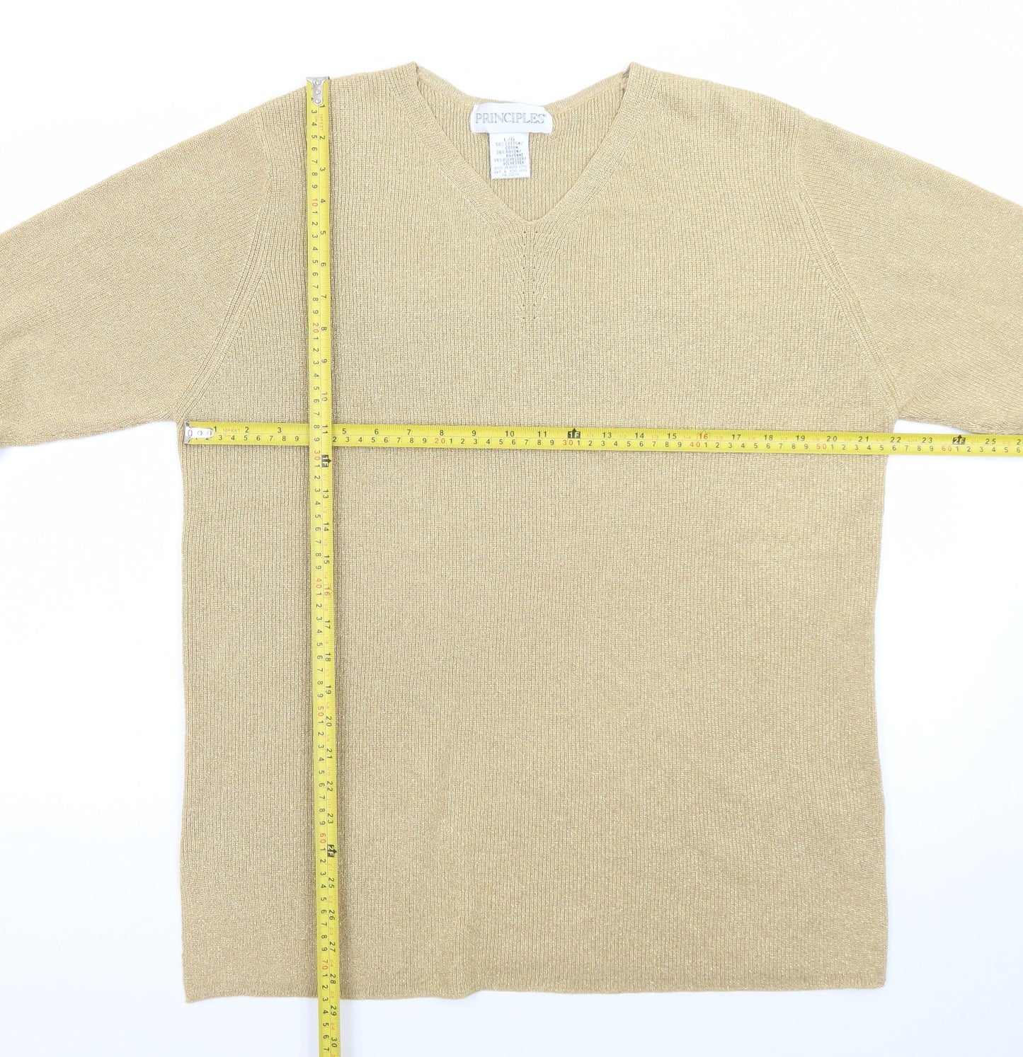 Principles Women Beige V-Neck Long Sleeve Pullover Jumper L