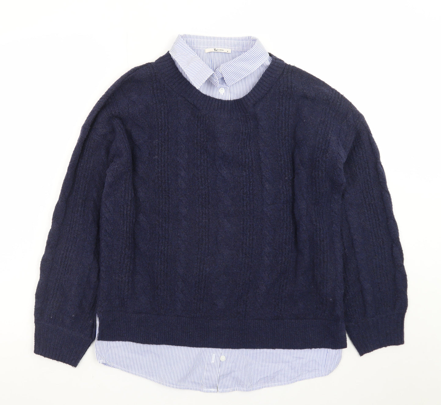 Tu Women Blue Size 8 Cable-Knit Crew Neck Layered Jumper