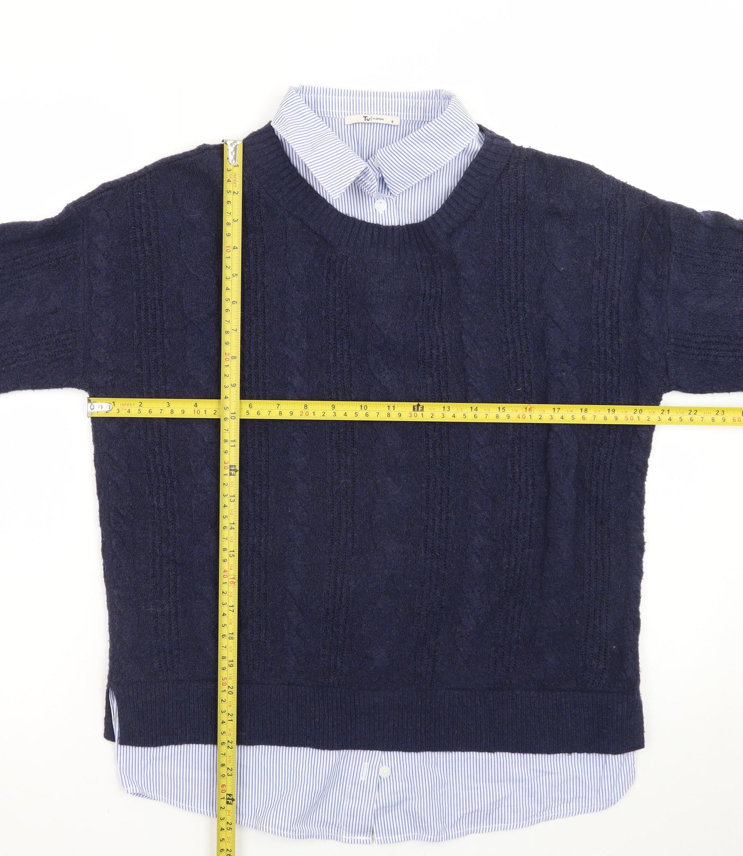 Tu Women Blue Size 8 Cable-Knit Crew Neck Layered Jumper