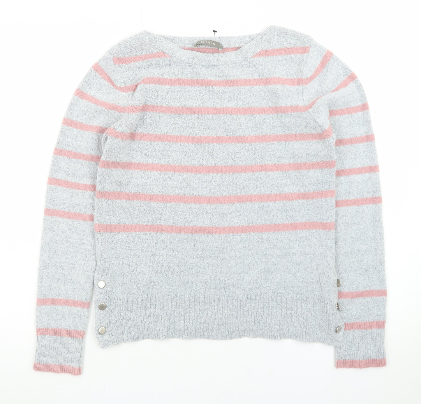 Oasis Women’s Grey Pink Striped Crew Neck Knit Jumper Size S
