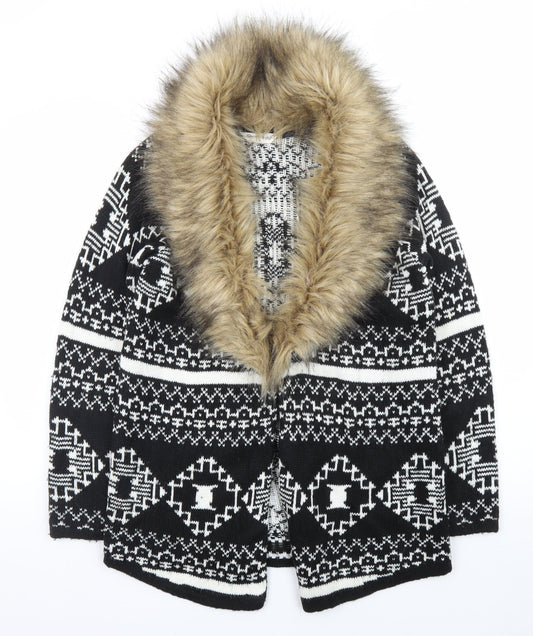 Miss Selfridge Women's Black Aztec Faux Fur Trim Knit Cardigan Size 10