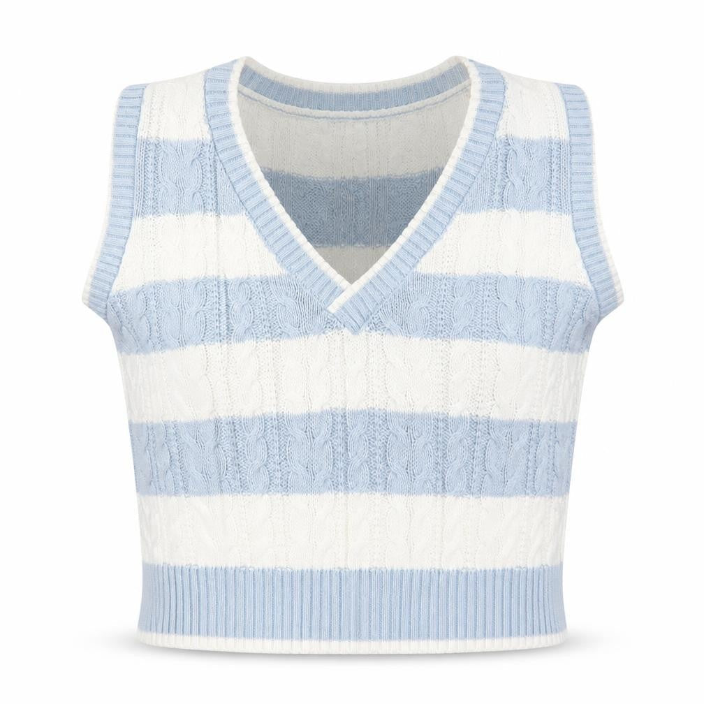 Stradivarius Womens Blue White Striped Cable Knit V-Neck Vest Size 12