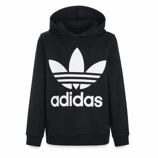 Front view of Adidas women’s black small trefoil pullover hoodie sweatshirt