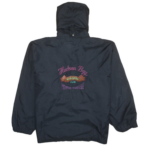 Affiniti Mens Blue Hooded Windbreaker Jacket L Nylon Embroidered 90s Style