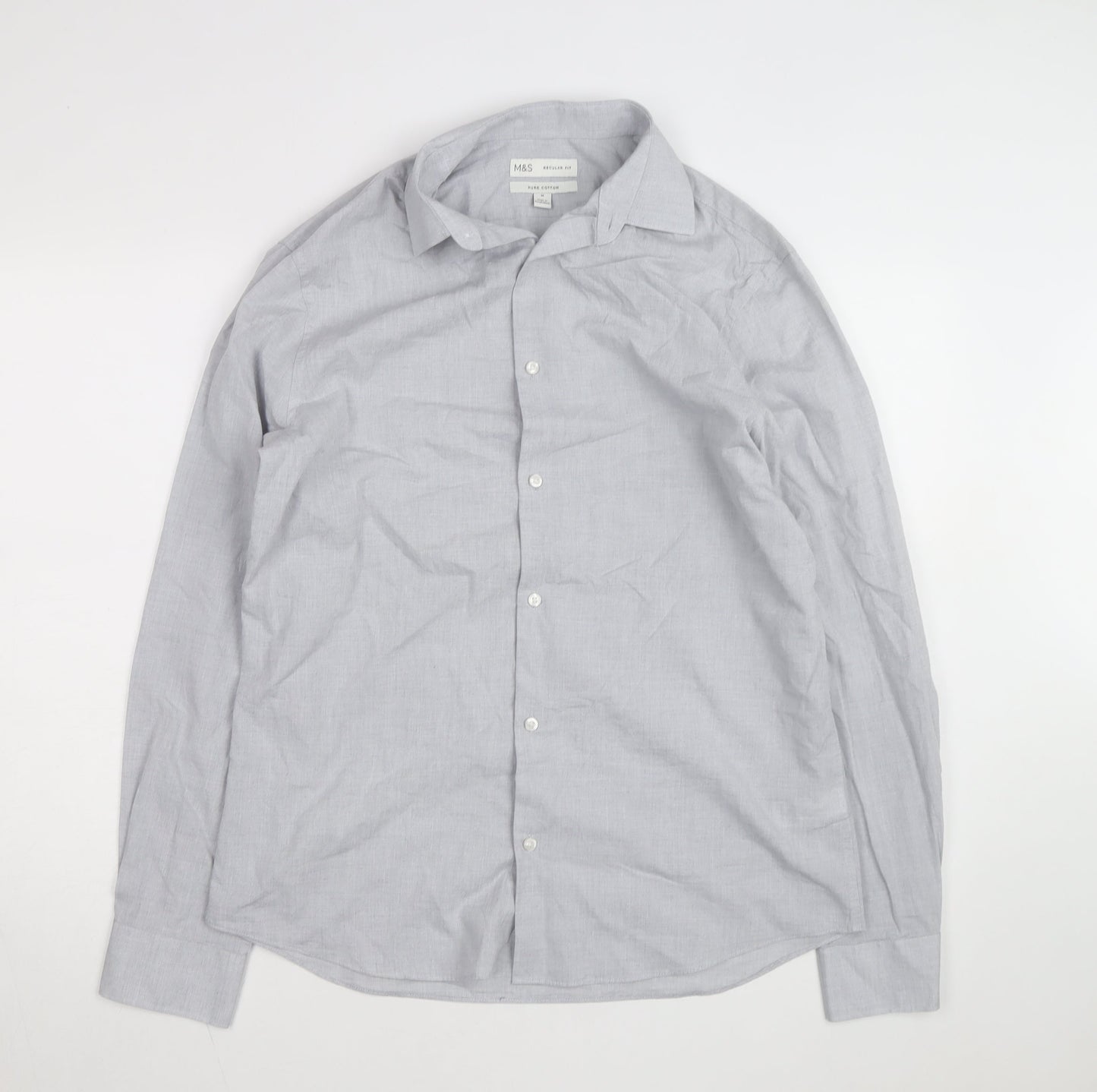 Marks and Spencer Men's Grey Regular Fit Pure Cotton Long Sleeve Shirt M