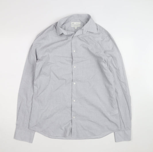 Marks and Spencer Men's Grey Regular Fit Pure Cotton Long Sleeve Shirt M