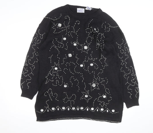 Midnight Blues Womens Black Beaded Rhinestone Knit Jumper M