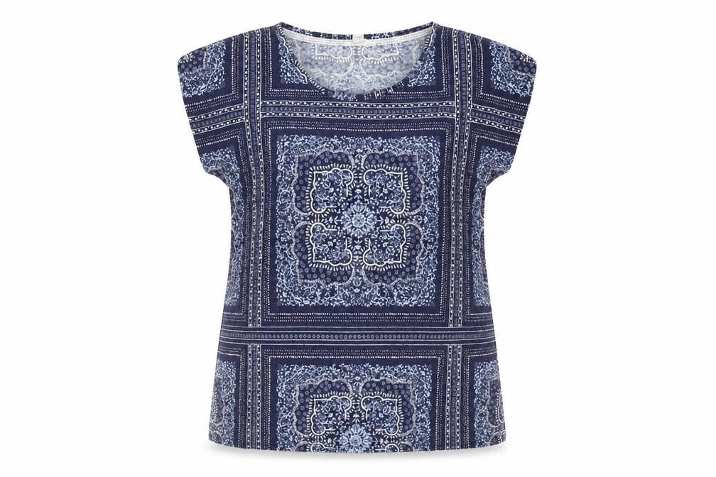 White Stuff Women Blue Geometric Cotton Tunic Blouse Size 14