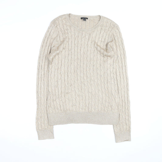 Talbots Women Beige Cable-Knit Crew Neck Jumper Medium