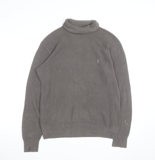 AllSaints Men's Grey XS Roll Neck Waffle-Knit Cotton Jumper