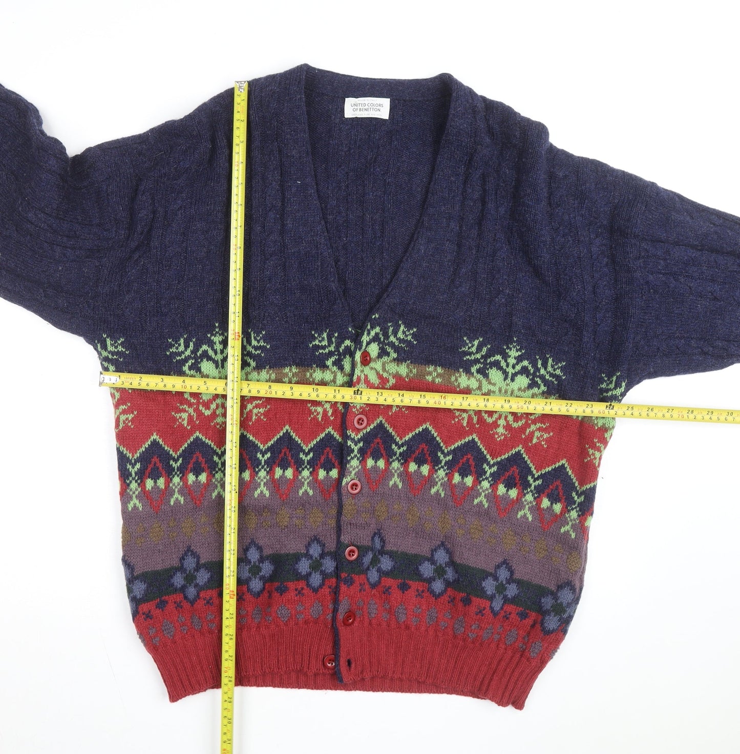 United Colors of Benetton Men's Multicoloured Wool Fair Isle Cardigan L