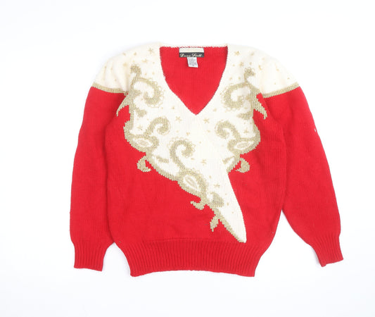 Dana Scott Men's Red Beaded Knit V-Neck Jumper M Classic Winter Style