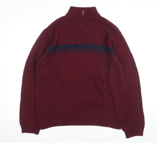 Chaps Men's Red Cotton 1/4 Zip Jumper L High Neck Casual Knitwear
