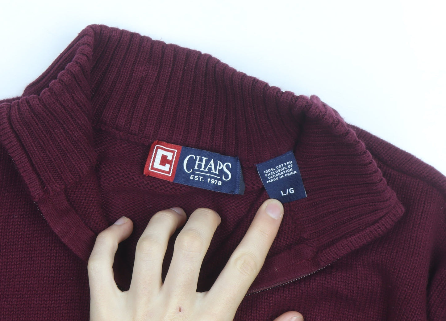Chaps Men's Red Cotton 1/4 Zip Jumper L High Neck Casual Knitwear