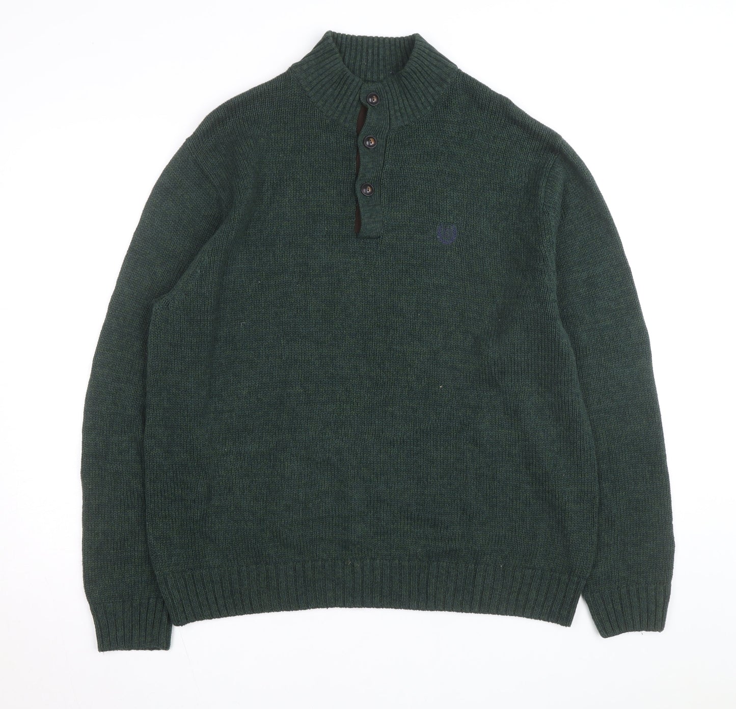 Chaps Men's Green Cotton Henley Jumper XL High Neck Elbow Patches