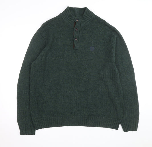 Chaps Men's Green Cotton Henley Jumper XL High Neck Elbow Patches