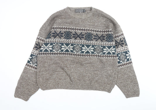 David Taylor Men's Brown Fair Isle Crew Neck Acrylic Jumper L