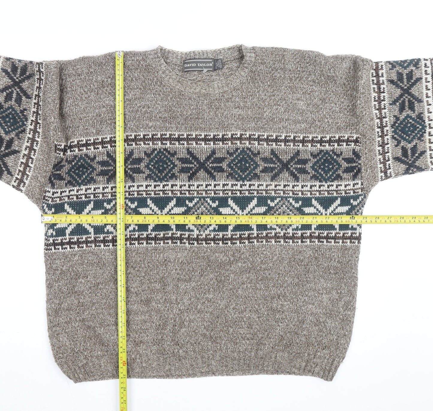 David Taylor Men's Brown Fair Isle Crew Neck Acrylic Jumper L