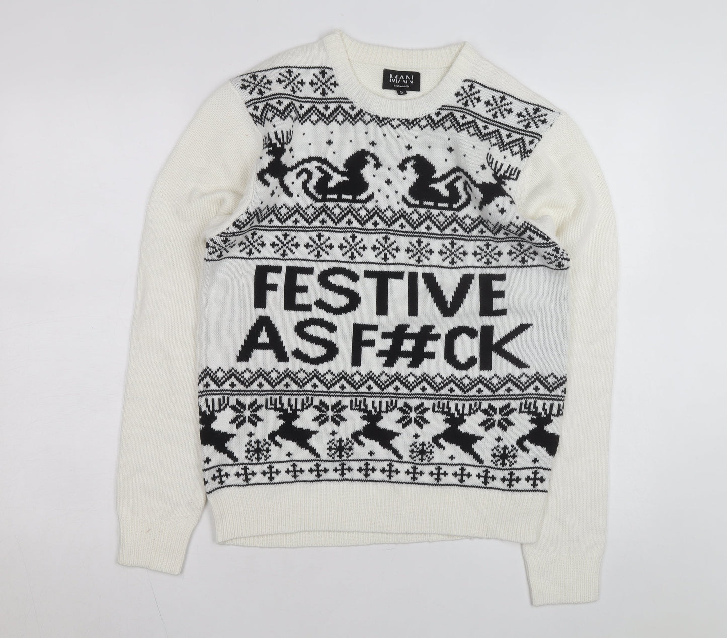 boohooMAN Men's White Christmas Graphic Knit Jumper Size S