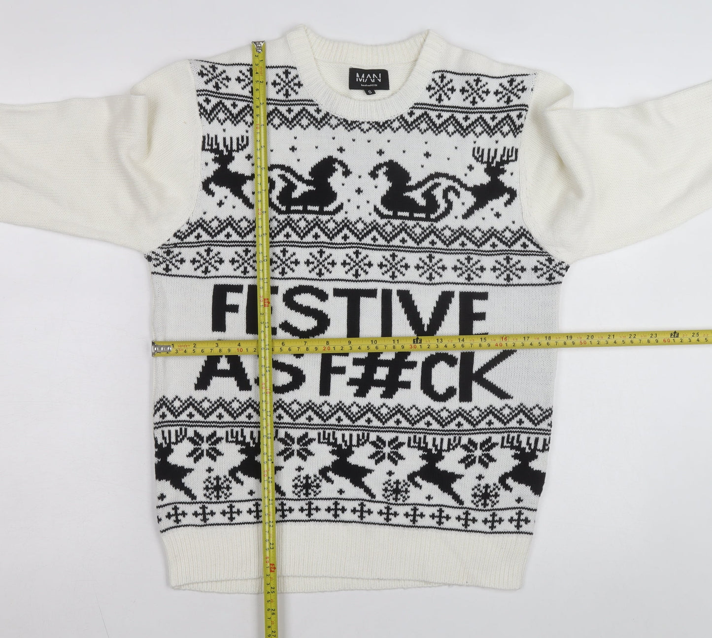 boohooMAN Men's White Christmas Graphic Knit Jumper Size S