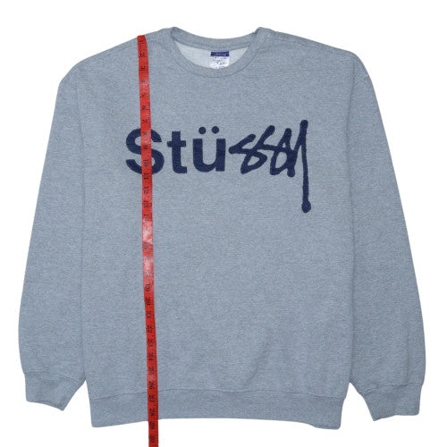 Stüssy Men's Grey Logo Pullover Sweatshirt L Fleece Crew Neck