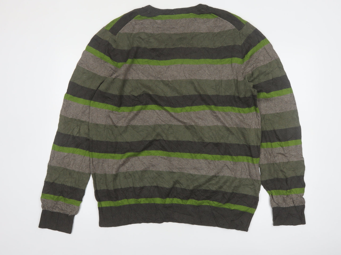 Eddie Bauer Men's Green Striped Crew Neck Cotton Wool Jumper L