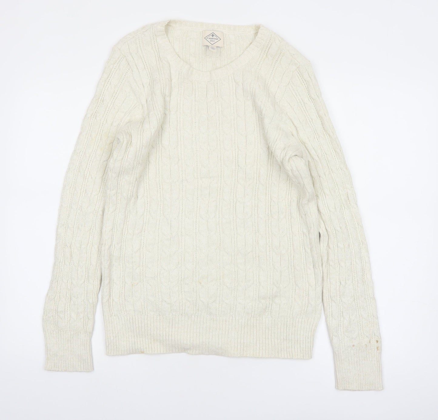 St John's Bay Women Ivory Cable-Knit Cotton Blend Jumper Size L