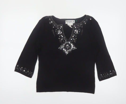 Joseph A Women's Black Beaded Sequin V-Neck 3/4 Sleeve Pullover Jumper M