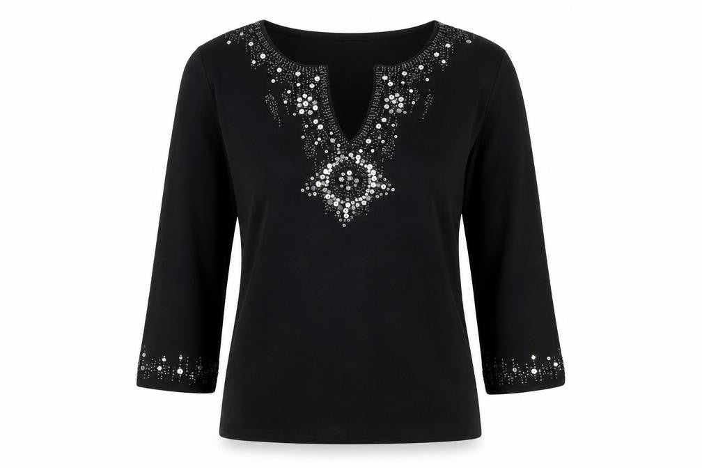 Joseph A Women's Black Beaded Sequin V-Neck 3/4 Sleeve Pullover Jumper M