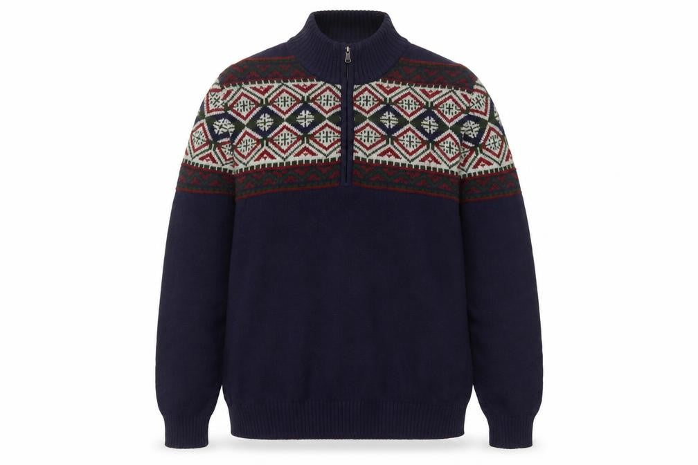 IZOD Men's Blue Fair Isle Half Zip Cotton Jumper Size L