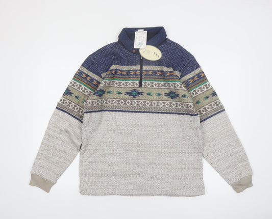 Crocodile Men’s Grey Fair Isle Wool Blend 1/4 Zip Pullover Jumper M