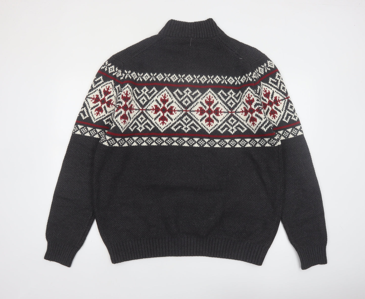 IZOD Men’s Grey Fair Isle 1/2 Zip Cotton Jumper XL Winter Knit
