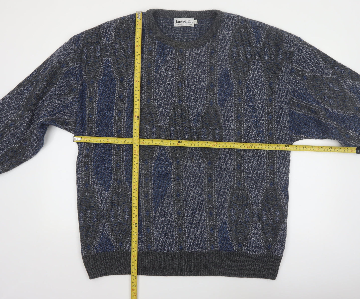 Jantzen Mens Blue Geometric Knit Pullover Jumper XL Tall Wool Blend