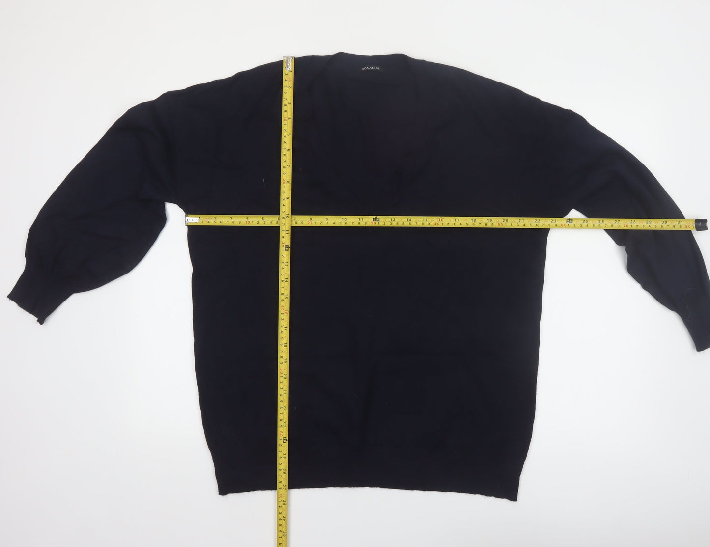 Roman Women Black V-Neck Long Sleeve Pullover Jumper Size 18
