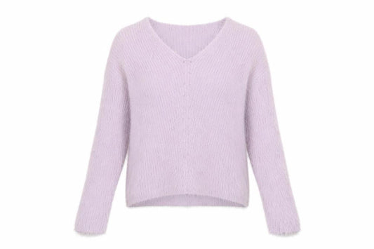 Front view of Atmosphere Women Lilac V-Neck Fluffy Knit Jumper, size S, 6/8