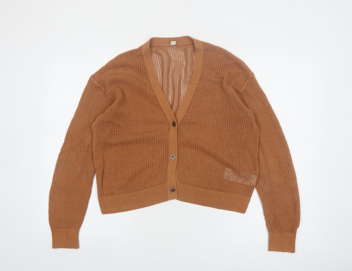 Uniqlo Women Brown Cotton V-Neck Open-Knit Cardigan M