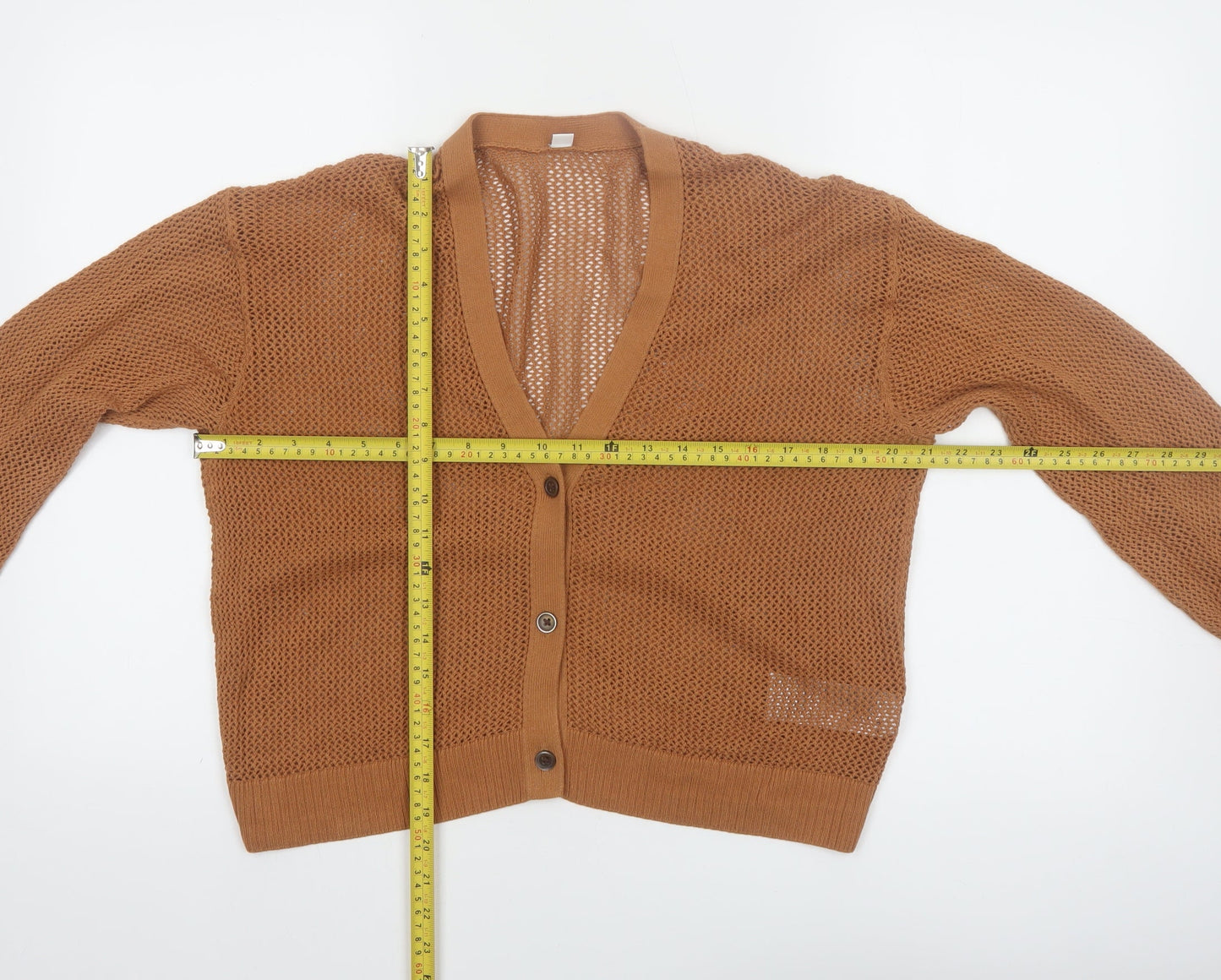 Uniqlo Women Brown Cotton V-Neck Open-Knit Cardigan M