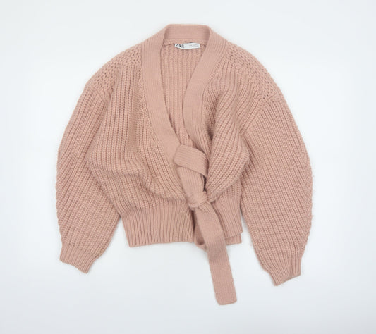 Zara Women Pink Chunky Knit Belted Cardigan Size 12 Acrylic Blend