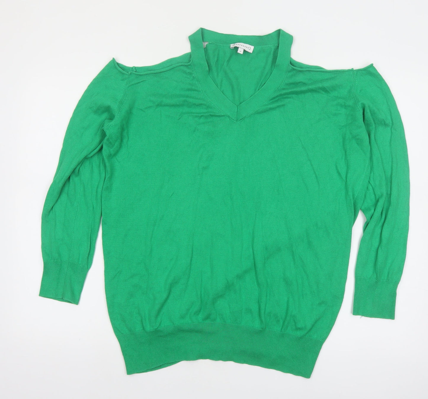 Warehouse Women’s Green V-Neck Cold Shoulder Jumper Size 14