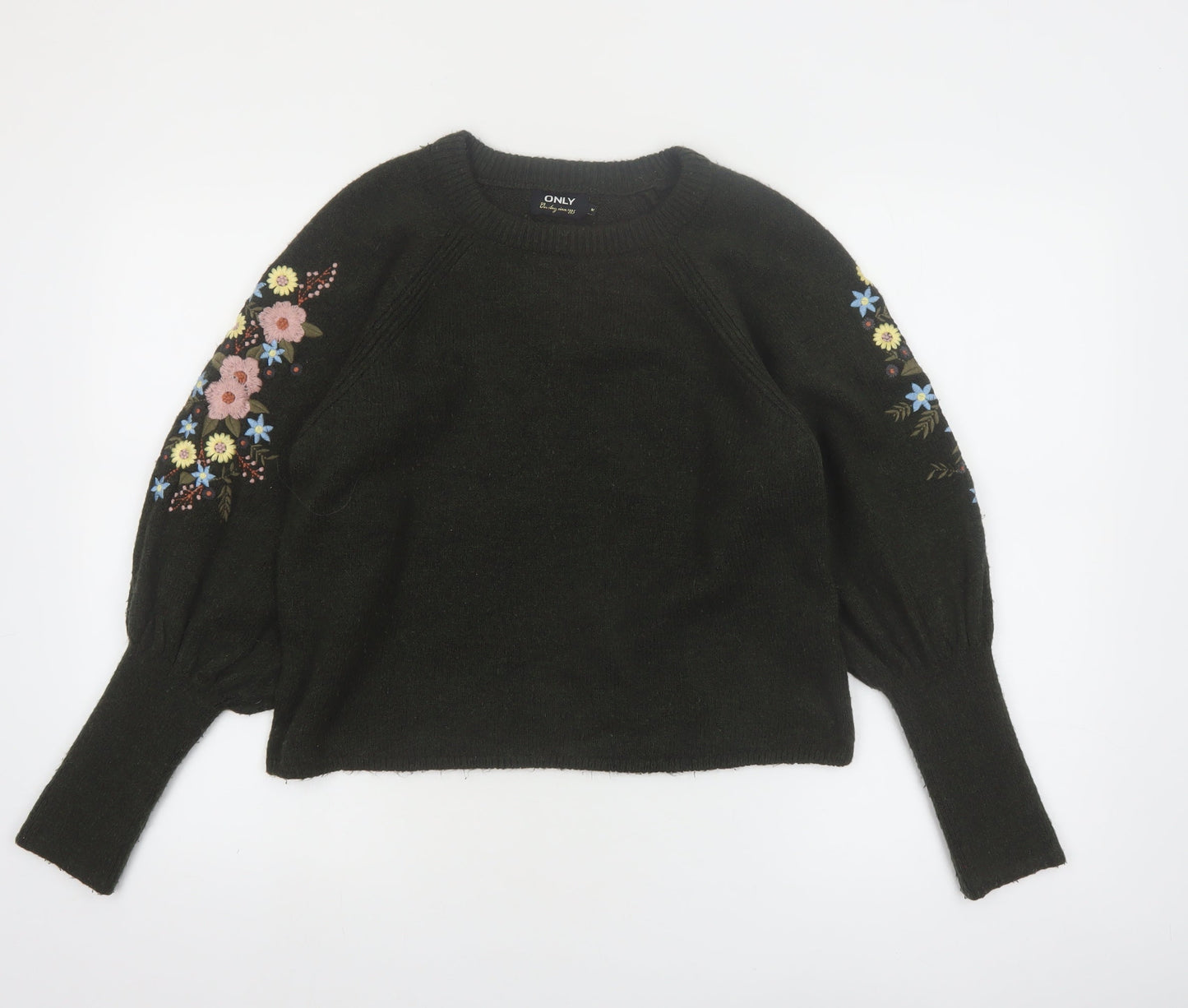 ONLY Women's Black Embroidered Floral Balloon Sleeve Jumper Size M