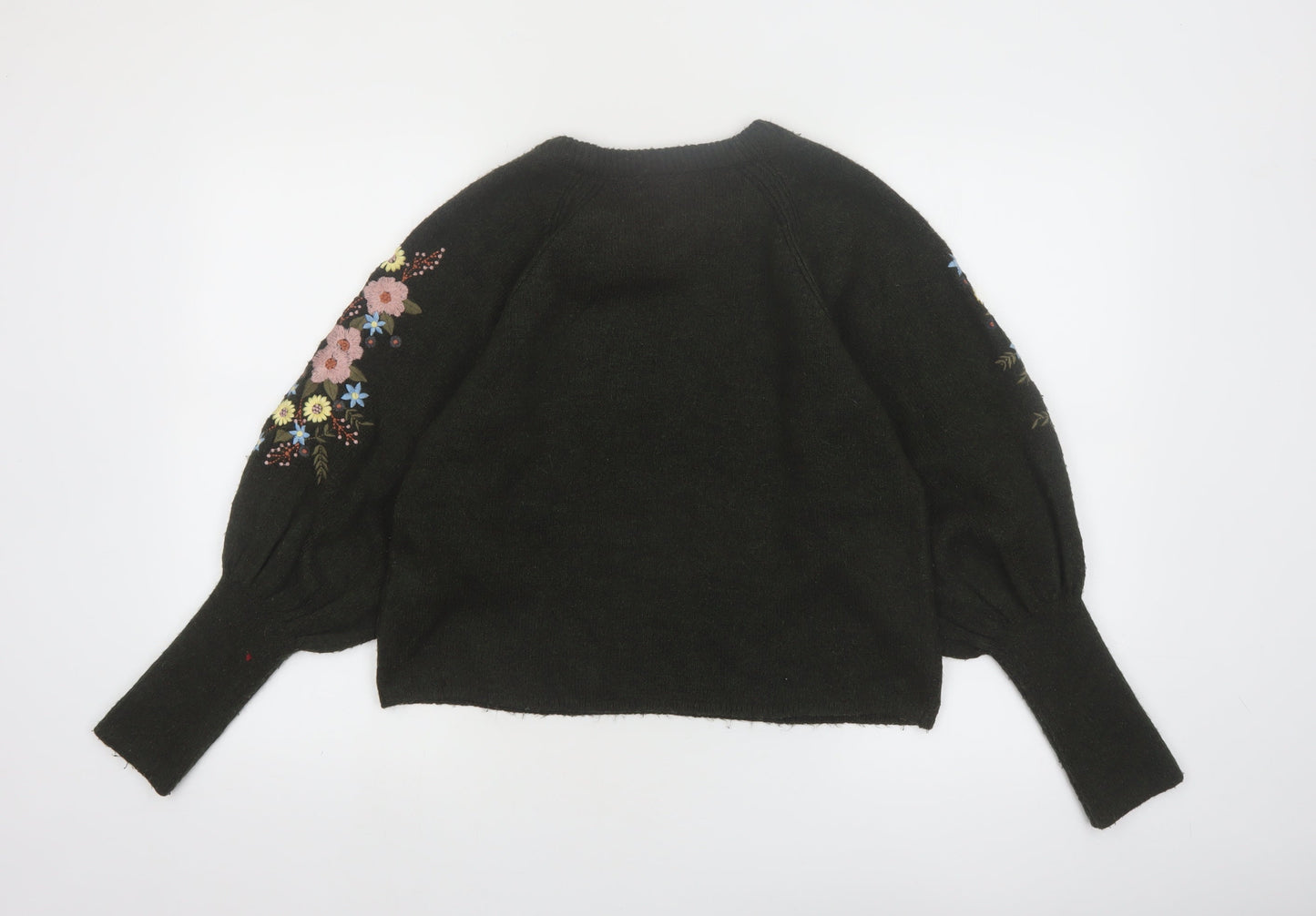 ONLY Women's Black Embroidered Floral Balloon Sleeve Jumper Size M