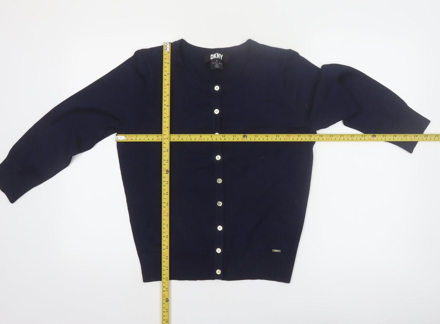 DKNY Women Blue Crew Neck Button Cardigan L Lightweight Knit