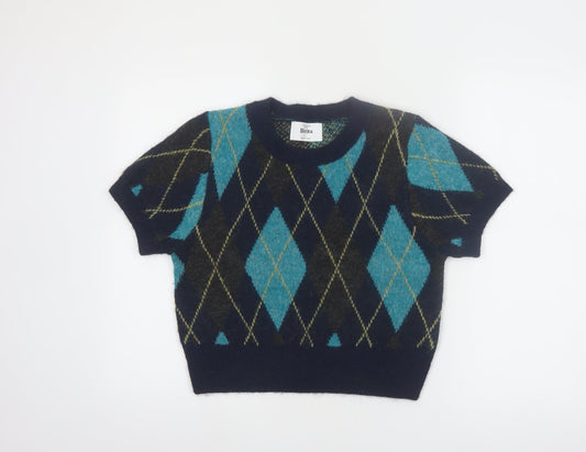Primark Rita Ora Women's Blue Argyle Short Sleeve Jumper L Knit