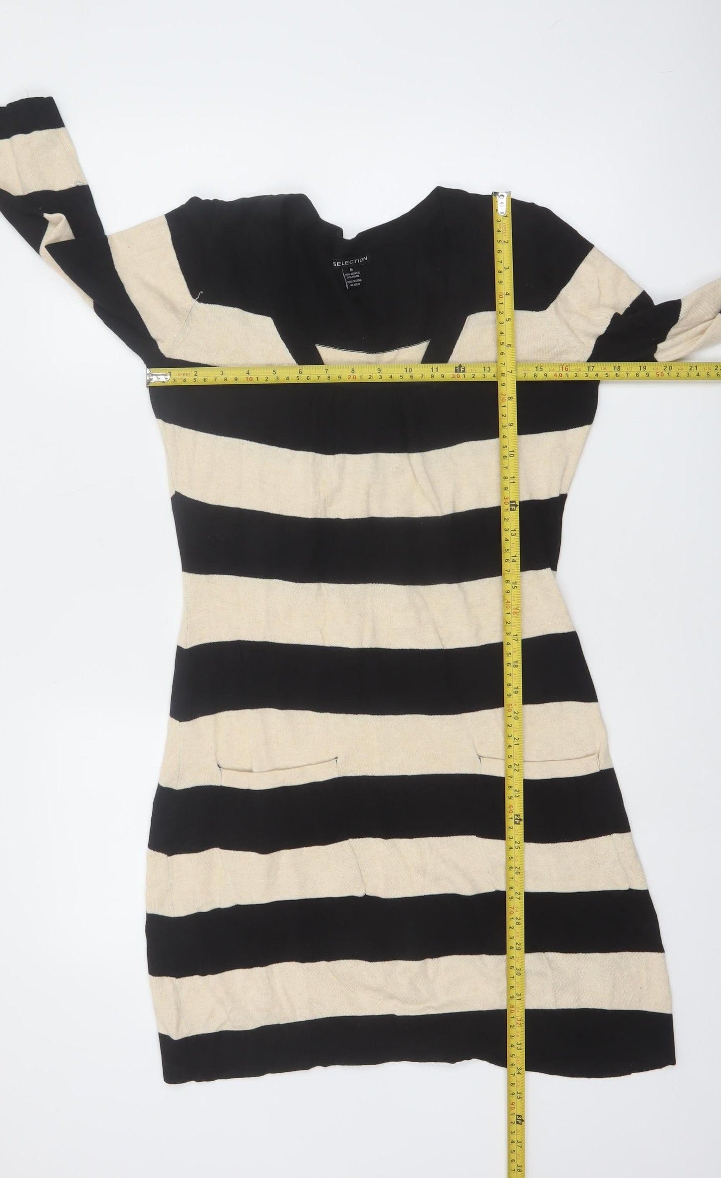 Selection Women's Black Beige Striped Knit Shift Dress M