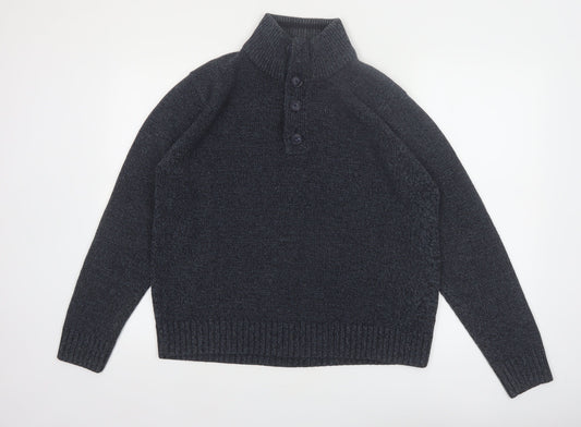 Marks and Spencer Men's Grey Henley Knit Jumper Medium