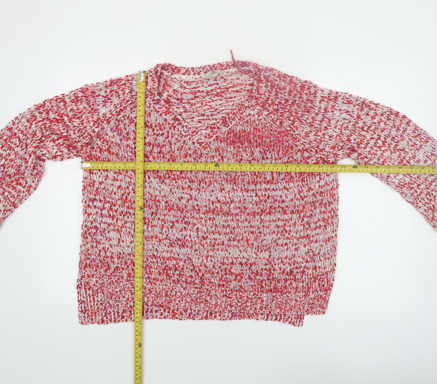 Tu Women’s Red Knit Jumper Size 16 Acrylic Polyester V-Neck