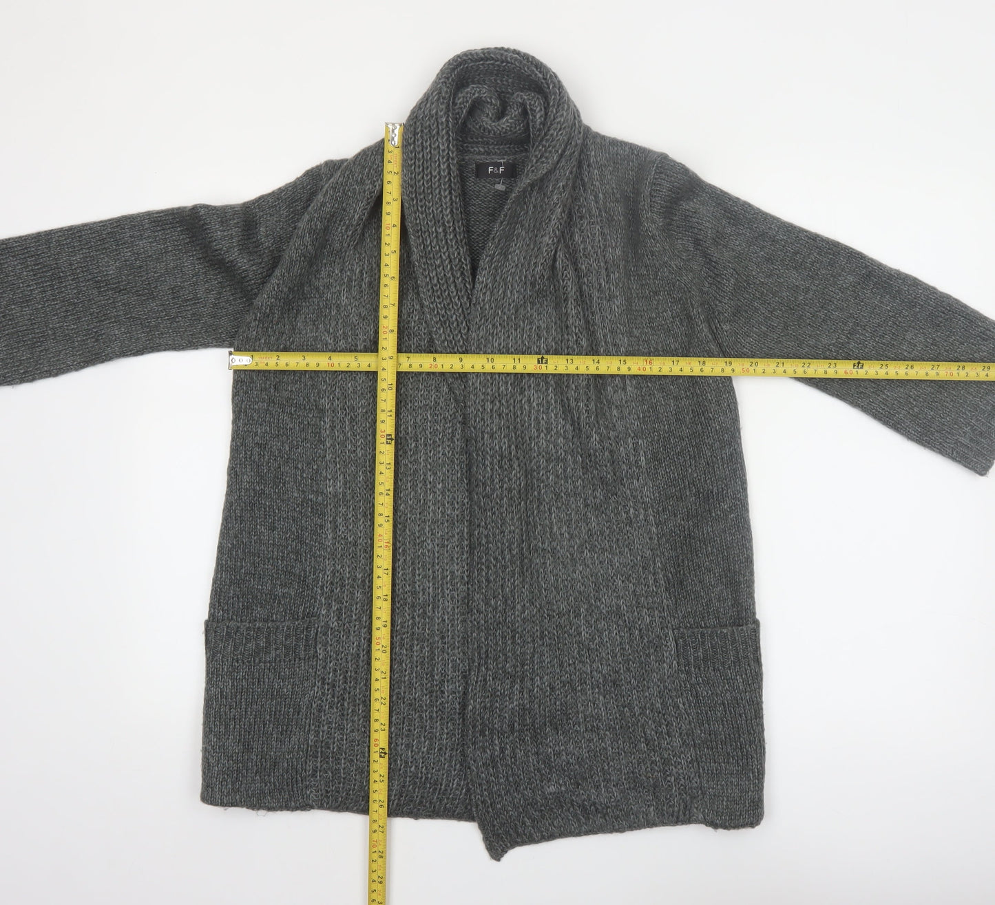 F&F Women's Grey Acrylic Knit Cardigan Size 12 Open Front Long Sleeve