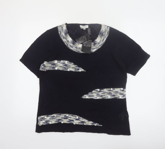 Anne Smith Womens Black Sequin Short Sleeve Knit Pullover Jumper L/XL