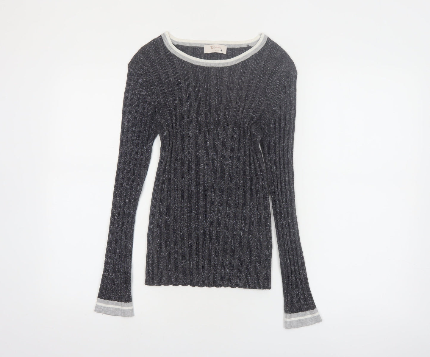Tu Women Grey Ribbed Knit Slim Fit Pullover Jumper Size 14