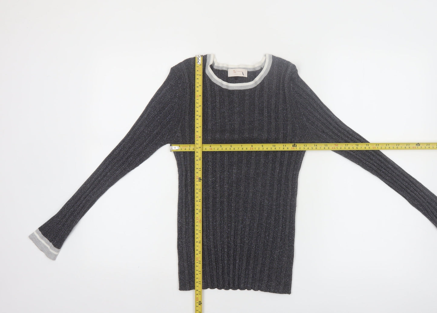 Tu Women Grey Ribbed Knit Slim Fit Pullover Jumper Size 14